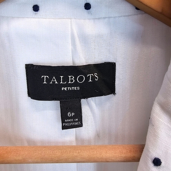 Talbots Linen & Cotton Polka Dot Blazer 6P White Navy Preppy Light Academia Chic - Picture 15 of 16